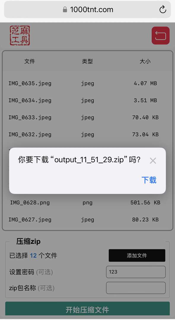 iPhone 压缩完成后点击下载 ZIP 文件